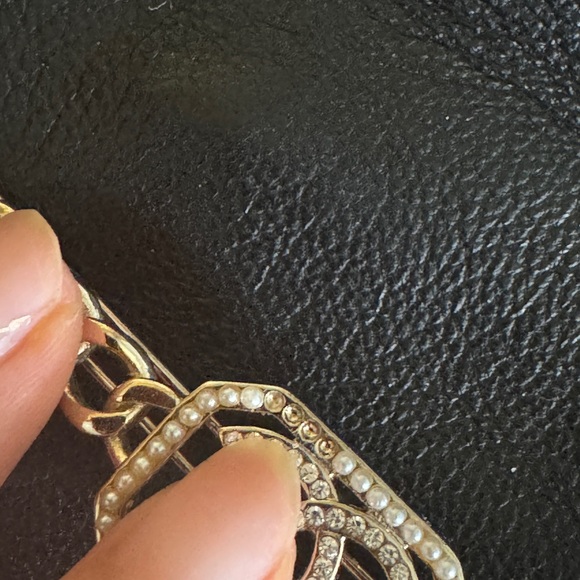 CHANEL barrette Gold Tone With Chain, Faux Pearl And CrystaL Logo *READ main image 4